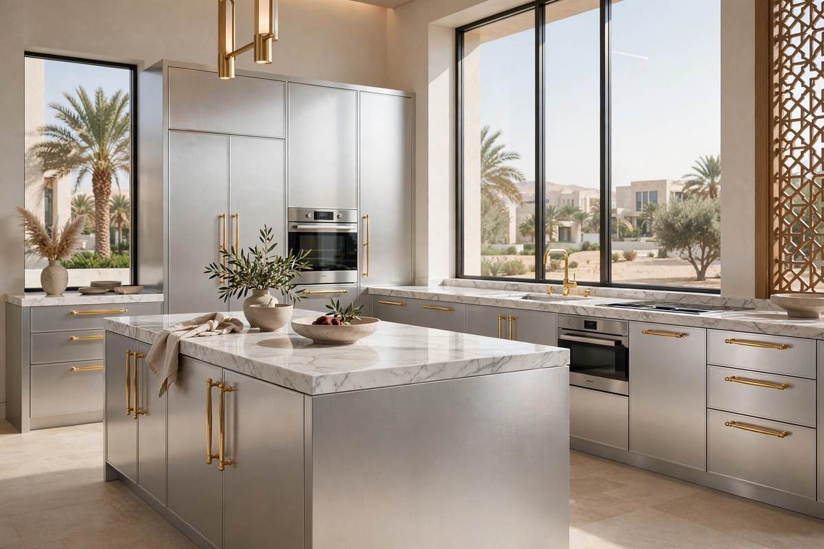 Luxury modern aluminum kitchen with island in a Riyadh villa