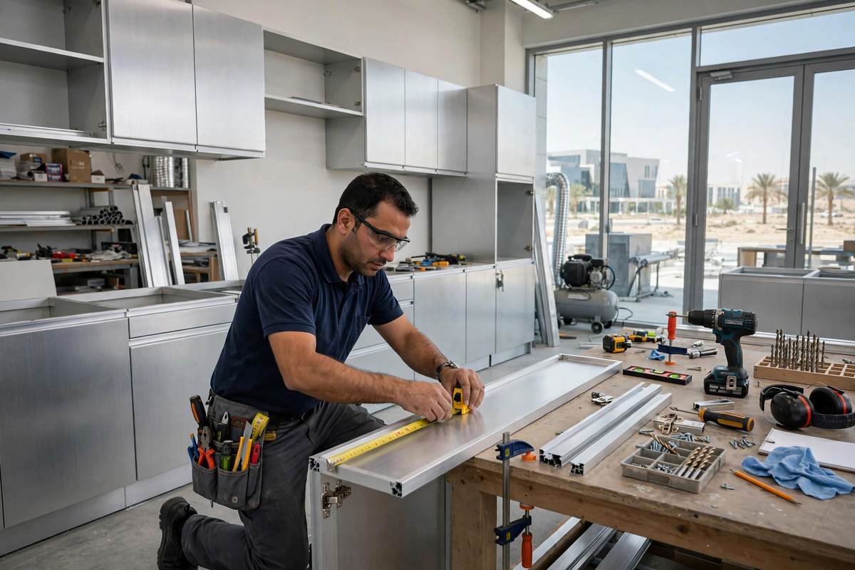 Craftsman installing custom aluminum kitchen cabinets in Riyadh